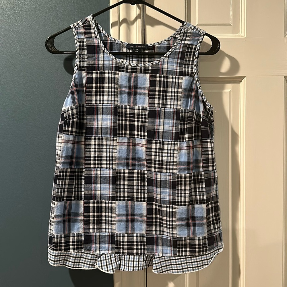 Plaid Tommy Hilfiger sleeveless top with ruffle detail at bottom
